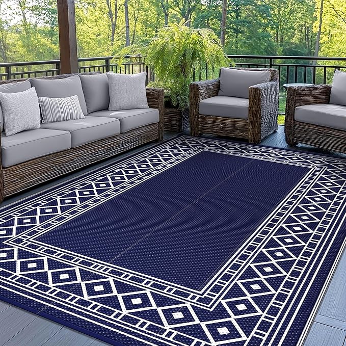 GENIMO Outdoor Rug Waterproof for Patio Decor, 6'x9' Foldable Reversible Plastic Straw Carpet for Travel Trailers, Outside Area Mat for Rv, Deck, Picnic, Porch, Camper, Balcony, Beach, Blue & White | Outside Larger Modern Carpet Mat for Porch Decor, De... by GENIMO