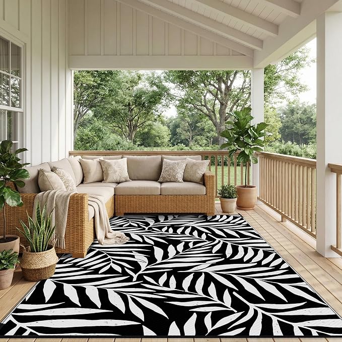 Smiry Outdoor Rug 8x10 ft, Waterproof Reversible Plastic Straw Rugs, Outdoor Area Rug with Leaf Pattern, Outside Floor Mat for Patio, Backyard, Deck, Picnic, Beach, Camping, Black & White - Image 6