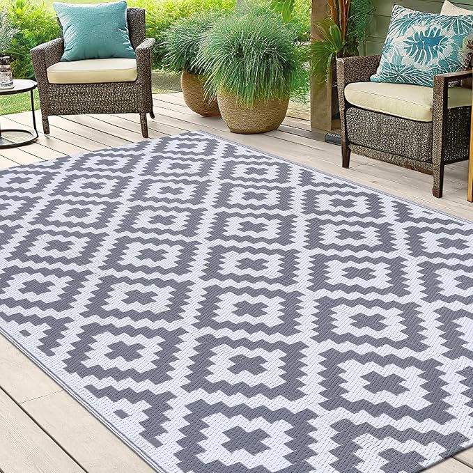 Smiry Waterproof Outdoor Rug 5x8 ft, Reversible Plastic Straw Patio Camping Rugs, Outdoor Indoor RV Mat Carpet for Patio, Outside Entry, Backyard, Deck, Bench, Picnic, Camper, White & Grey - Image 6