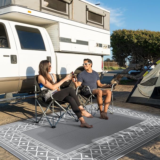 GENIMO Outdoor Rug, Waterproof Plastic Rugs for Patio, 8'x10' Grey White | Outside Larger Modern Carpet Mat for Porch Decor, Deck, Balcony, Camping, RV, Backyard, Picnic, Beach, Reversible - Image 3
