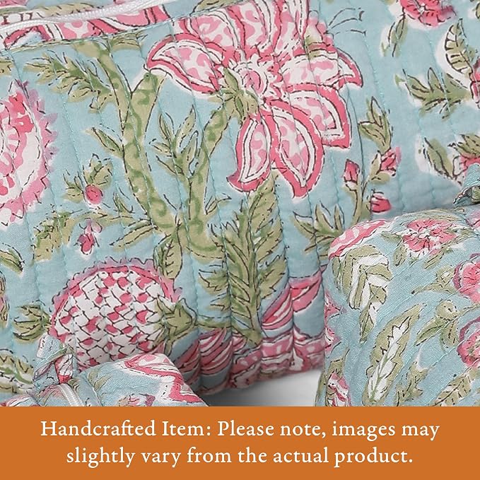 Saffron Marigold Quilted Makeup Bag Set of 3, Hand Block Printed Cotton Cosmetic Bags for Women, Waterproof Lined Travel Toiletry Bag, Coquette Floral Aesthetic, Handmade Gift, Jacobean Dreams - Image 2