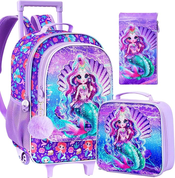 AGSDON 3PCS Rolling Backpack for Girls Boys, Kids Roller Wheels Bookbag, Wheeled School Bag with Lunch Bag by AGSDON