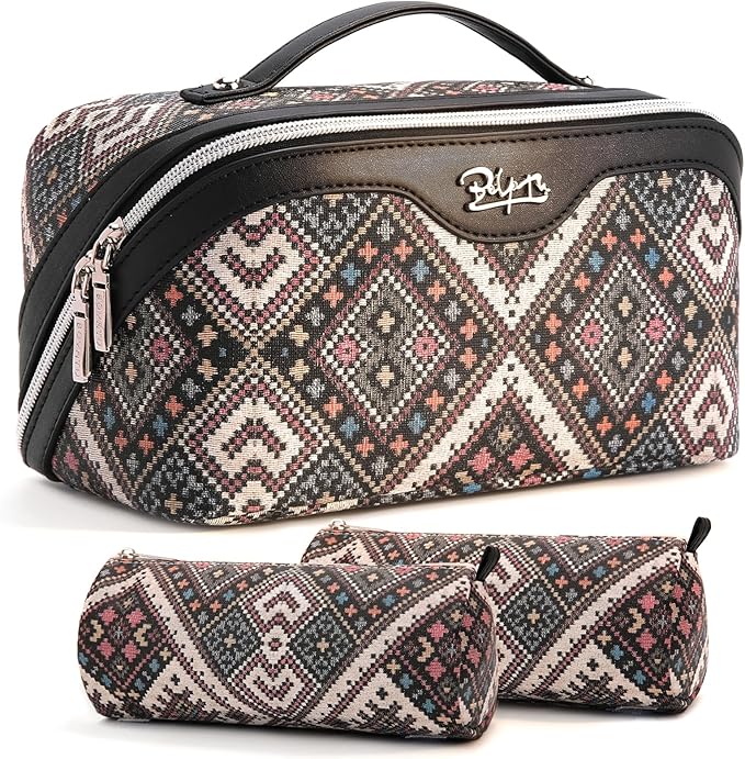 BOYATU Travel Makeup Bag Organizer: Boho Large Capacity Cosmetic Bag Sets | 3Pcs Waterproof Leather Toiletry Bags | 180°Open Flat Make up Case with Compartments | Western Travel Essentials for Women by BOYATU