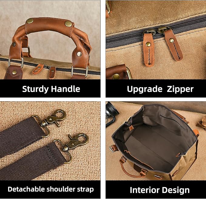 Canvas + Leather Travel Luggage Tote Duffle Gym Suitcase Weekender Overnight Bag For Men Male FB8151 (8151-Khaki-Shoulder Strap) - Image 5
