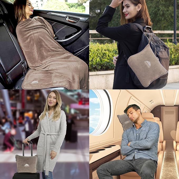 BlueHills Premium Soft Travel Blanket Pillow 2 in 1 Airplane Flight Taupe | Must Have Airplane Essentials, Luggage Belt & Carabiner, Matching Soft Case, 2 in 1 Travel Blanket Pillow Combo, Travel Gift - Image 3