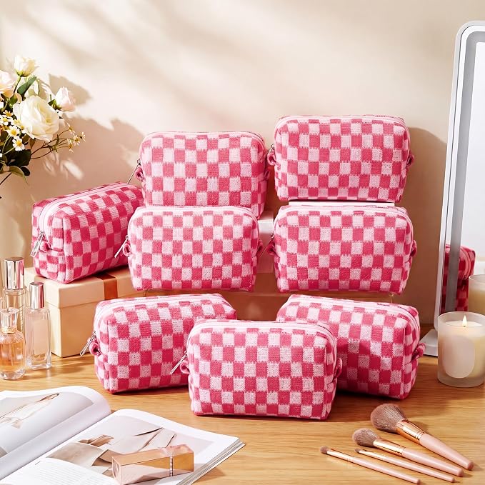 Gilprop 8 Pcs Checkered Makeup Bag for Purse Small Cosmetic Pouch Bulk Portable Zipper Makeup Pouch Travel Toiletry Organizer Gifts for Women Bridesmaid Wedding Party Favors (Hot Pink) - Image 4
