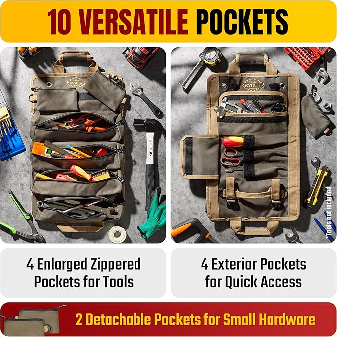 Ryker Original Heavy Duty Tool Roll Up Bag Organizer w/Accessible Pouches | Motorcycle & Truck Accessories Gadgets for Men. Plumbing Tools Kit Pouch Work Tool Bag. Socket Wrench Tool Box Organizer - Image 2