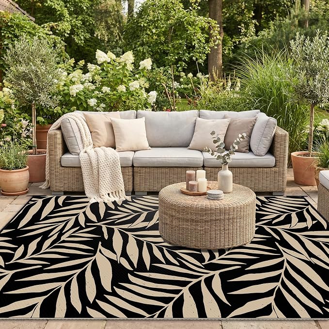 Smiry Outdoor Rug 6x9 ft, Waterproof Reversible Plastic Straw Rugs, Outdoor Area Rug with Leaf Pattern, Outside Floor Mat for Patio, Backyard, Deck, Picnic, Beach, Camping, Black & Beige - Image 5