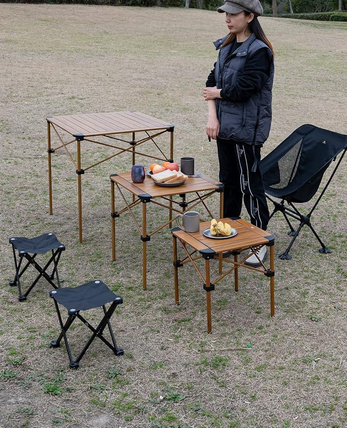 iClimb Lightweight Stable Alu. Folding Square Table Roll Up Top with Carry Bag for Camping Picnic Backyards BBQ Camp Kitchen (Nature, S) - Image 9