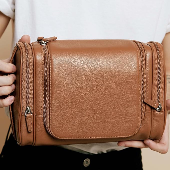 Leatherology Cognac Hanging Toiletry Kit – Full Grain Leather Travel Organizer with Hanger and Multiple Storage Compartments - Image 2