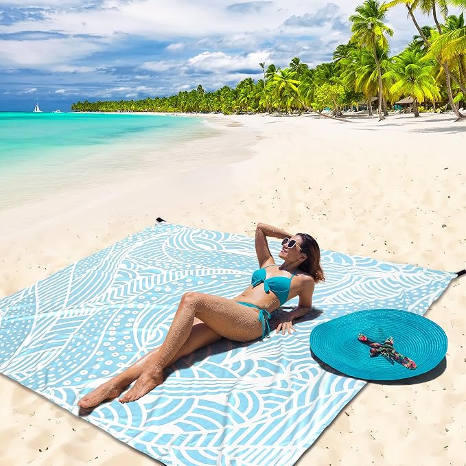 WIWIGO Beach Blanket Sandproof Extra Large Beach Mat Adults Waterproof Quick Drying Sand Free Mat Made by Premium Polyester with 4 Stakes & 4 Corner Pockets for Outdoor Travel Camping Hiking - Image 5