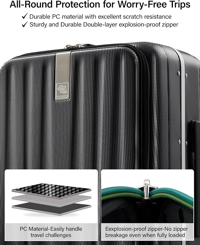 Hanke 20 Inch Carry-On Luggage PC Hard Shell Suitcases for Travel Front Opening Aluminum Frame Travel Luggage Rolling Suitcase with Wheels for Women Man Gifts.(Jet Black) - Image 4