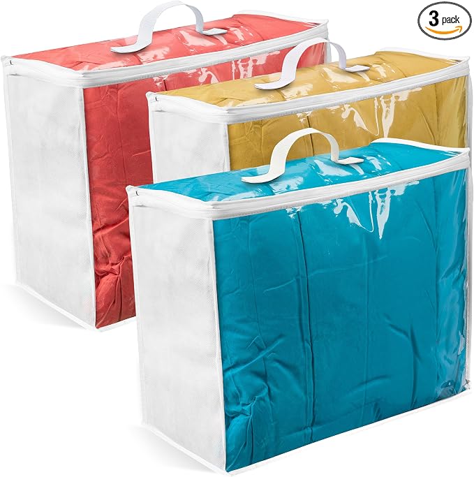 VitalUp 3 pack Clear Plastic Storage Bag with Zipper, Foldable Moving Bag for Comforters, Blankets, Bedding, Storage Containers, Breathable, Durable Clothes and Duvet Closet Organizers, 18x15x9 by Vitalup