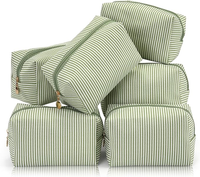 Makeup Bag Set for Women, 6PCS Travel Cosmetic Bags Pencil Case, Striped Seersucker Toiletry Organizer Pouches, Cute Makeup Pouch for Purse, Accessories and Gifts, Green by Unknown