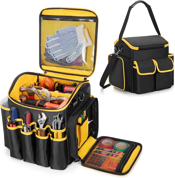 Marscamd Tool Bag with a Detachable Divider and Shoulder Strap, Heavy Duty Tool Tote with Multiple Pockets, Black by Marscamd