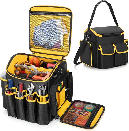 Marscamd Tool Bag with a Detachable Divider and Shoulder Strap, Heavy Duty Tool Tote with Multiple Pockets, Black by Marscamd