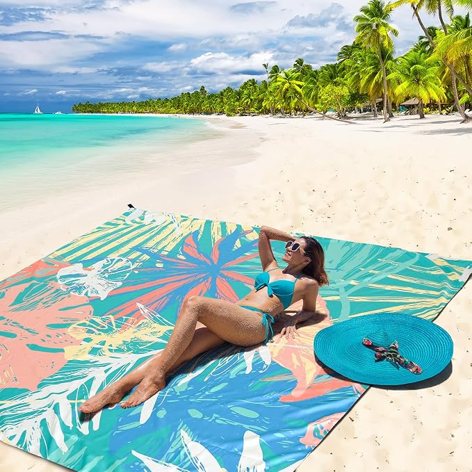 HIHOHO Beach Blanket Waterproof Sandproof Beach Mat for 1-8 Adults Quick Drying Durable Outdoor Picnic Mat for Beach Festival Travel Camping Hiking (Colorful-Palm, 79"×83"(4 Person)) - Image 6
