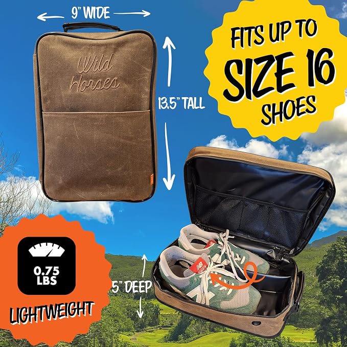 Wild Horses Golf Shoe Bag - Premium 12oz Waxed Canvas w Ventilation - Free Mini Towel & Shoe Horn - Easy Clean Wipe Down Interior - Waterproof Travel Storage - Men & Women up to Size 14 - Khaki - Image 5