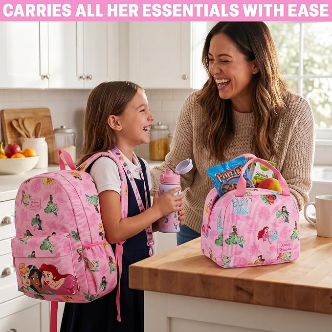Get Trend Disney Princess Girls Corduroy Backpack 4 Piece Set | 17 inch Bookbag with Laptop Pocket, Insulated Lunch Bag, Pencil Case & Lanyard, Back to School Gifts for Girls - Image 6