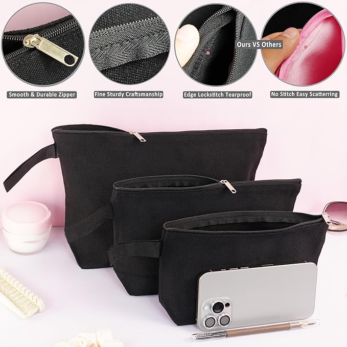 Koolmox 20 Pcs Canvas Zipper Pouches with Bottom, Bulk Blank Canvas Makeup Bags Multi-purpose Cotton Pouch for Pencil Bag Stationery Bag Print Paint Art Crafts Bags (Black, S, 9x4.7x1.5'') - Image 2