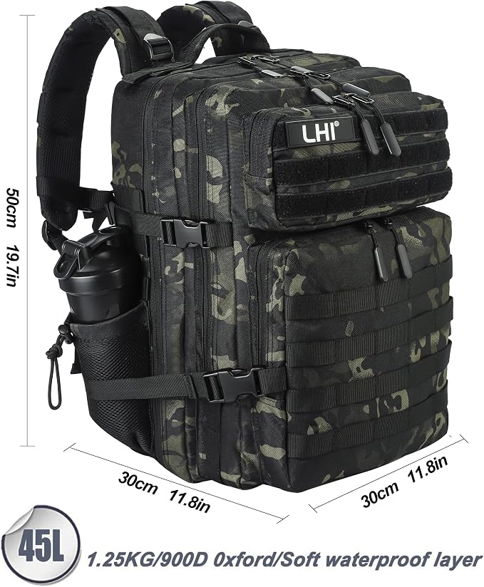 LHI Military Tactical Backpack for Men and Women 45L Army 3 Days Assault Pack Bag Large Rucksack with Molle System - Black CP - Image 3