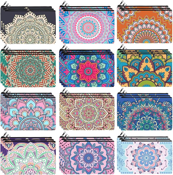Hillban 36 Pcs Mandala Makeup Bags Bohemian Cosmetic Bags for Women Mandala Flowers Travel Toiletry Pouch with Zipper Portable Organizer Pouch for Cosmetics Makeup Brushes, 12 Styles by Hillban