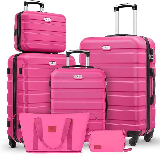 Suitour Luggage Sets 6 Piece, 20-inch Carry-on and 24 inch 28 inch Checked Suitcase Set with Cosmetic Case and Expandable Travel Duffle Bags Set(Rose Red) by Suitour