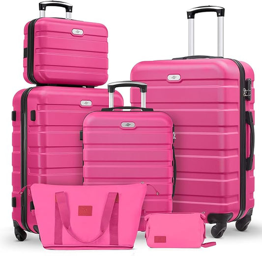 Suitour Luggage Sets 6 Piece, 20-inch Carry-on and 24 inch 28 inch Checked Suitcase Set with Cosmetic Case and Expandable Travel Duffle Bags Set(Rose Red) by Suitour