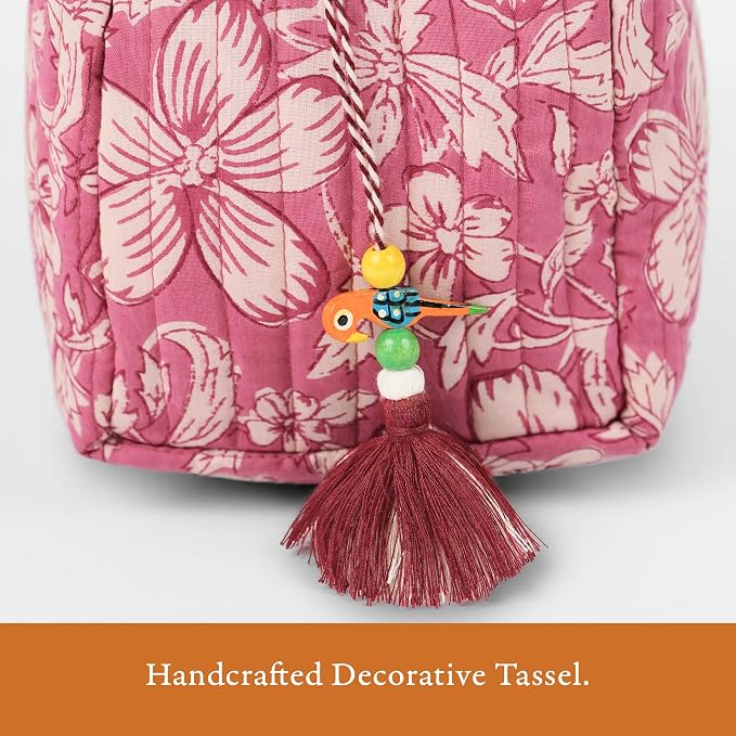 Saffron Marigold Quilted Makeup Bag Set of 3, Hand Block Printed Cotton Cosmetic Bags for Women, Waterproof Lined Travel Toiletry Bag, Coquette Floral Aesthetic, Handmade Gift, Mauve Mist Oleander - Image 4