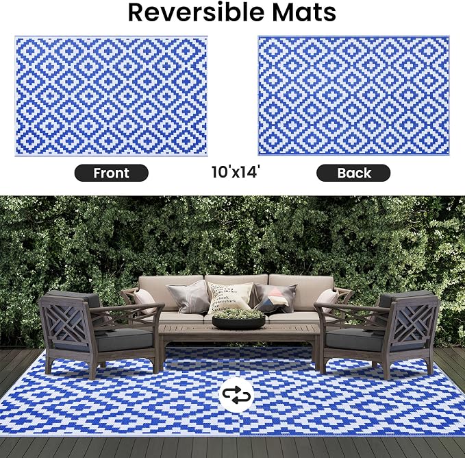 Smiry Waterproof Outdoor Rug 10X14 ft, Reversible Plastic Straw Patio Camping Rugs, Outdoor Indoor RV Mat Carpet for Patio, Outside Entry, Backyard, Deck, Bench, Picnic, Camper, White & Blue - Image 3
