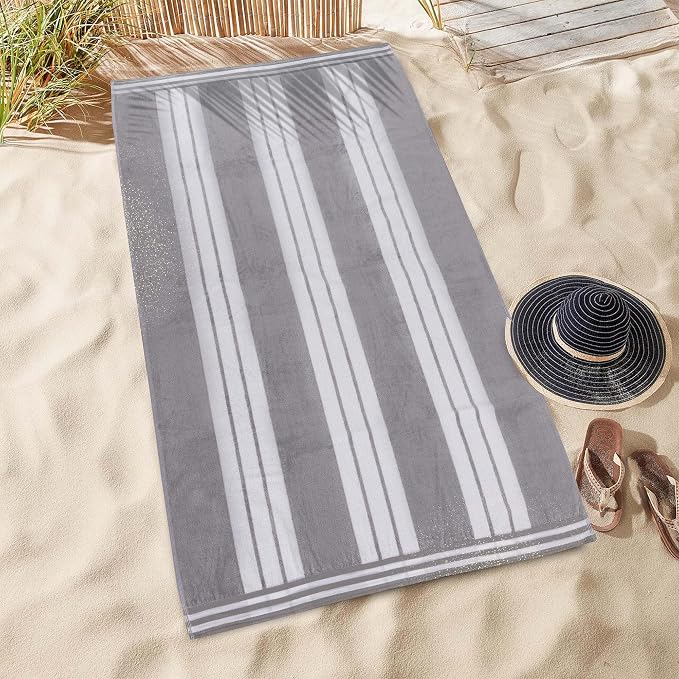 Superior Oversized Cotton Beach Towel Set of 4, Absorbent Towels for Bathroom, Beach, Pool, Swim, Adults, Kids, Vacation, Travel, Bath, Quick Dry Basics, Trip Essentials, Striped Decor, Light Grey - Image 8