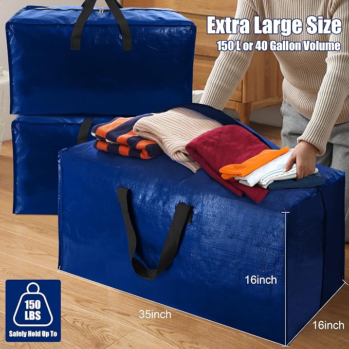 Cosy Family 8 Pack Heavy Duty Extra Large Moving Bags with Backpack Straps - Strong Handles & Zippers, Storage Totes For Space Saving, Fold Flat, Alternative to Moving Box (40 gal, Blue) - Image 6