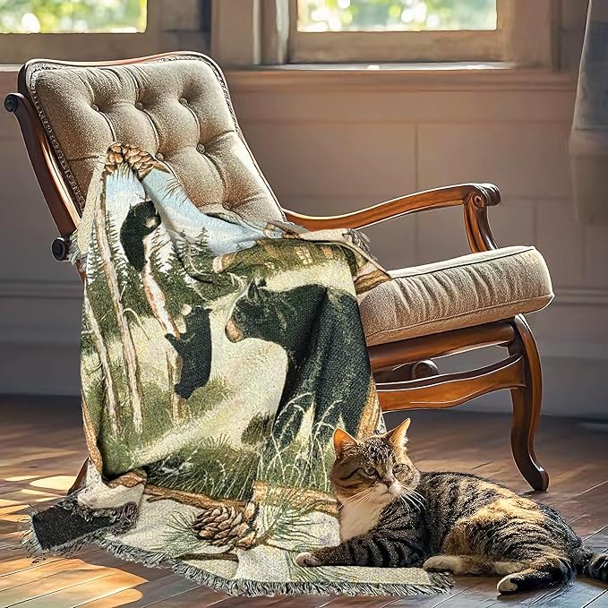 Log Cabin Bear Family Woven Tapestry Throw Blanket Wall Hanging Art Handicrafts Jacquard Multipurpose Soft Travel Mat Outdoor with Fringe Tassels 50 X 60 Inches