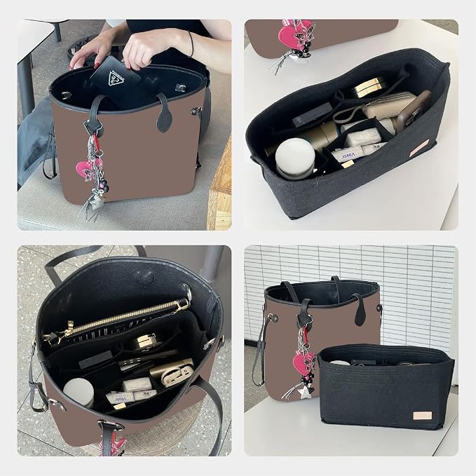 Purse Organizer Insert with Base Shaper,Felt Zipper Tote Handbag Organizer Compatible with Lv Neverfull PM, City 30 and More, 10 Compartments, Black/M - Image 7