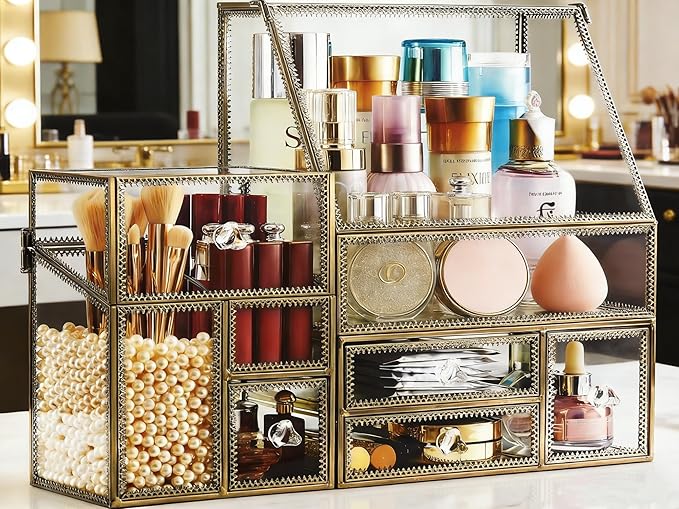 Luxury Glass Makeup Organizer Antique Bronze Metal Frame, Clear Vanity Countertop Storage Case for Cosmetics, Skincare, Perfume, Jewelry, Brush Holder & Drawers for Bathroom, Bedroom, Dressing Table - Image 5