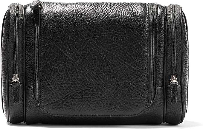 Leatherology Premium Ebony Hanging Toiletry Kit – Full Grain Leather Travel Organizer with Hanger and Multiple Storage Compartments by Leatherology