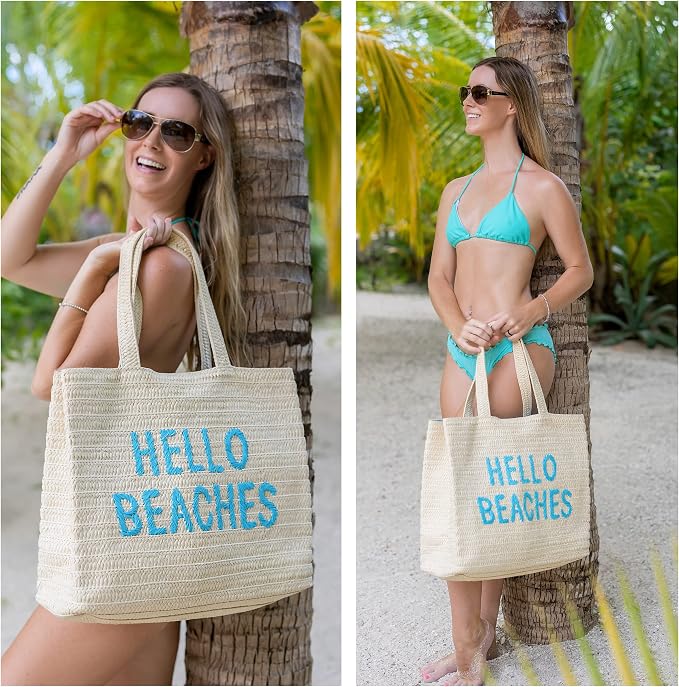 Hello Beaches A Packable Beach Bag | The Straw Beach Tote Bag of 2025 | Beach Bags for Women Vacation | Large Beach Bag - Image 5