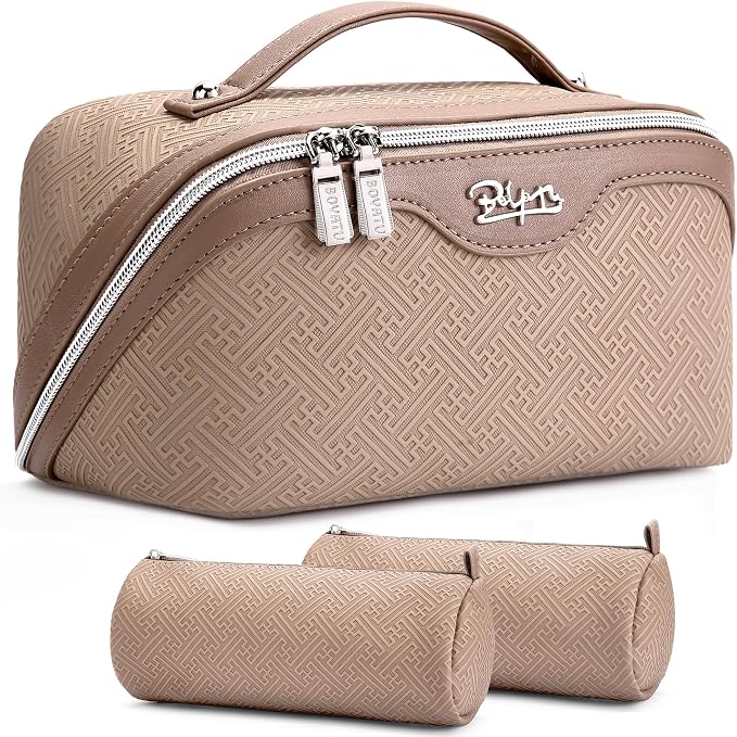 BOYATU Travel Makeup Bags for Women: Vintage Roman Column Texture | Each Journey, Quiet Luxury Serenity - 3 Pcs Set Large Capacity Cosmetic Bag Organizer Toiletry Purse(Beige) by BOYATU