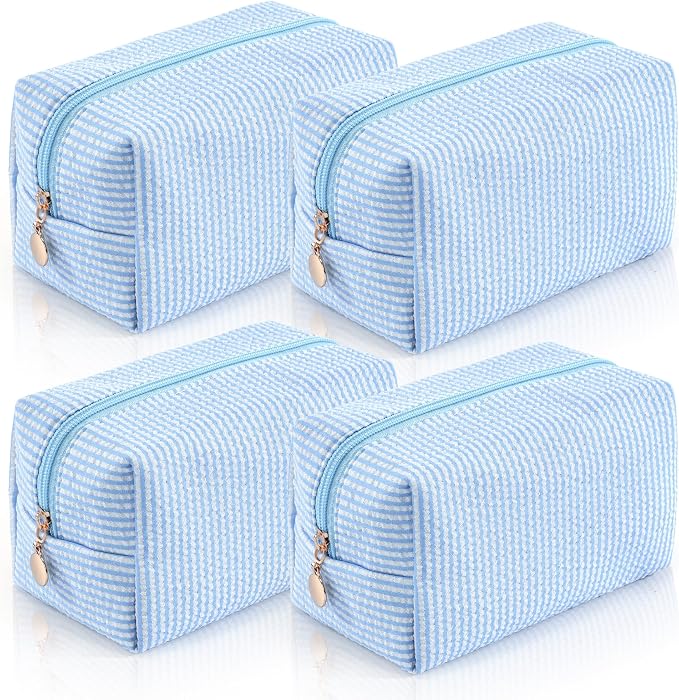 4PCS Makeup Bag Travel Toiletry Bag for Women, Small Cosmetic Bags Cute Blue Stripe Aesthetic Organizer Makeup Pouch for Purse Emergency Bag Pencil Case Accessory Bag by Unknown
