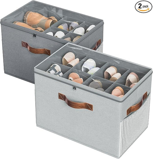 2 Pack Shoe Organizer for Closet, Foldable Shoe Storage with Adjustable | Farbic shoe storage organizer box bin with clear cover, fits up to 16 pairs, shoe storage box for closet, entryway, gray by BuddingJoy-BuildaJoyfulLifeforYou