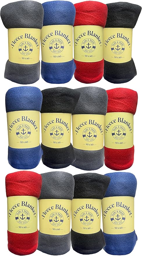 Yacht & Smith 12 Pack of Soft Fleece Blankets 50 X 60, Lightweight, Cozy Warm Throws Dark Colorful Blanket Sofa Travel Outdoor, Wholesale