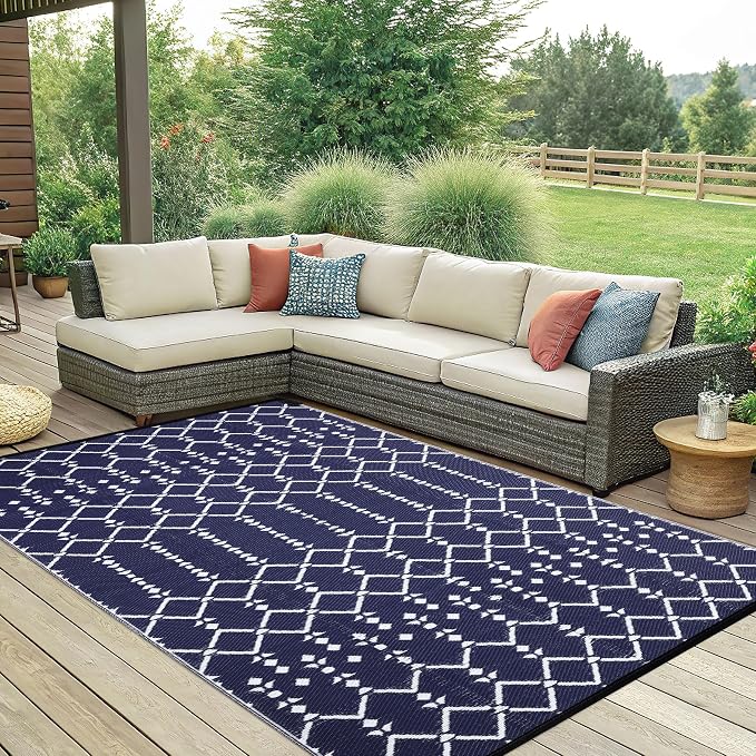 Smiry Outdoor Rug 6x9 ft, Waterproof Reversible Plastic Straw Rugs, Boho Outdoor Area Rug, Outside Floor Mat for Patio, Backyard, Deck, Picnic, Beach, Camping, Navy - Image 7