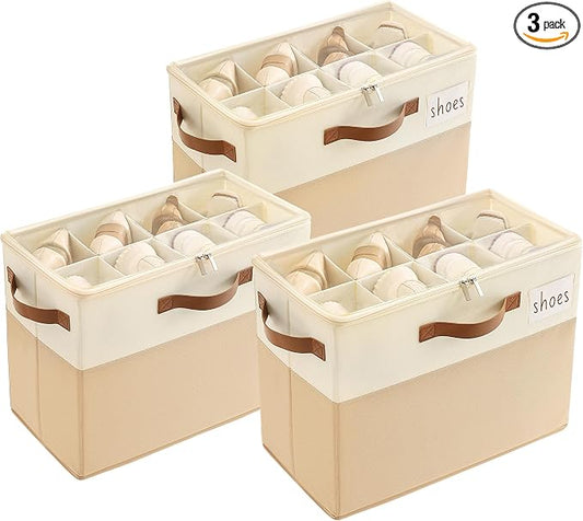Varhomax Shoe Organizer Box for Closet, Small Fabric Storage Basket 3 Pack | Foldable Shoe Bin with Adjustable Dividers & Clear Cover, Saving Space Sneakers & Sandals Containers for Entryway, Cubby by Varhomax