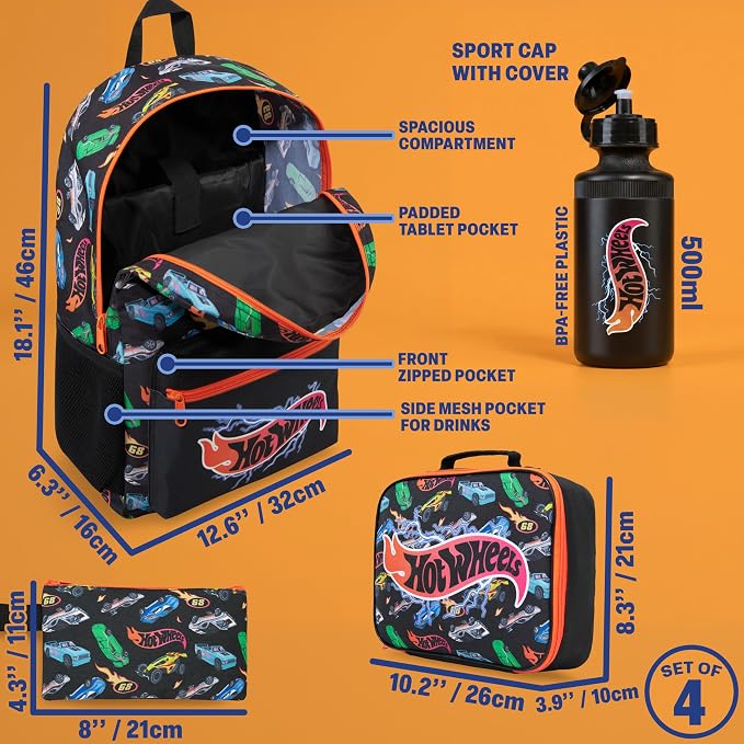 Get Trend Hot Wheels Boys Backpack 4 Piece Set | 18 In Bookbag with Insulated Lunch Bag, Pencil Case & BPA-Free Water Bottle, Adjustable Padded Straps, Gamer Gifts for Boys - Image 3