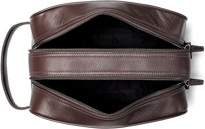 Leatherology Brown Double Zip Toiletry Bag – Full-Grain Leather Men's Dopp Kit with Dual Compartments, Water-Resistant Lining & Top-Stitched Handle - Image 3