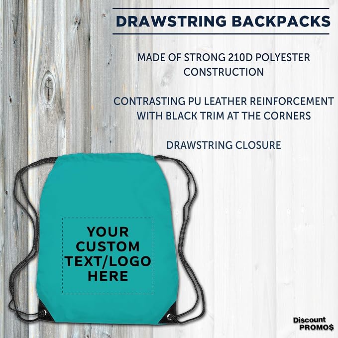 DISCOUNT PROMOS Custom Black Trim Drawstring Backpacks Set of 10/50/100, Personalized Bulk Pack - Gym Bag, Soccer Shoes, Water Resistant - Aqua - Image 3