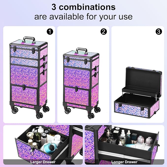 Rolling Makeup Case with Large Drawer, Makeup Train Case with Tray, Cosmetology Case on Wheels, Travel Makeup Case Organizers, Professional for Salon Barber, Nail, Tattoo, Multicolor Purple - Image 4