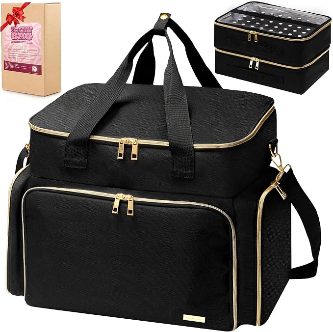 DERSTUEWE Nail Polish Organizer Case – Waterproof Travel Bag with Hard Bottom – Double Layer Nail Storage Bag with Adjustable Dividers & Nail Lamp Compartment (Black) - Image 7