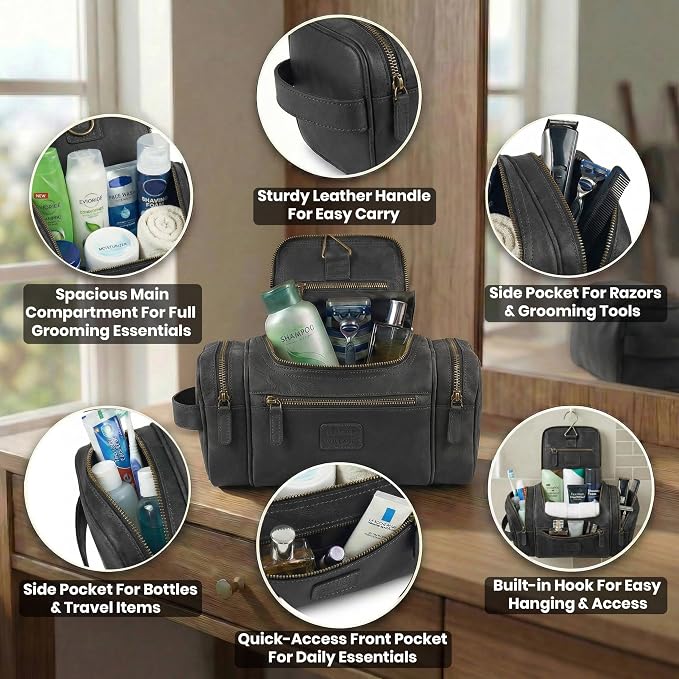 LEATHER VILLAGE Genuine Leather Travel Dopp Kit for Men & Women – Water-Resistant Large-Capacity Hanging Toiletry Bag for Travel, Grooming, Bathroom Organization, Shaving Essentials & Gym Use - Black - Image 3