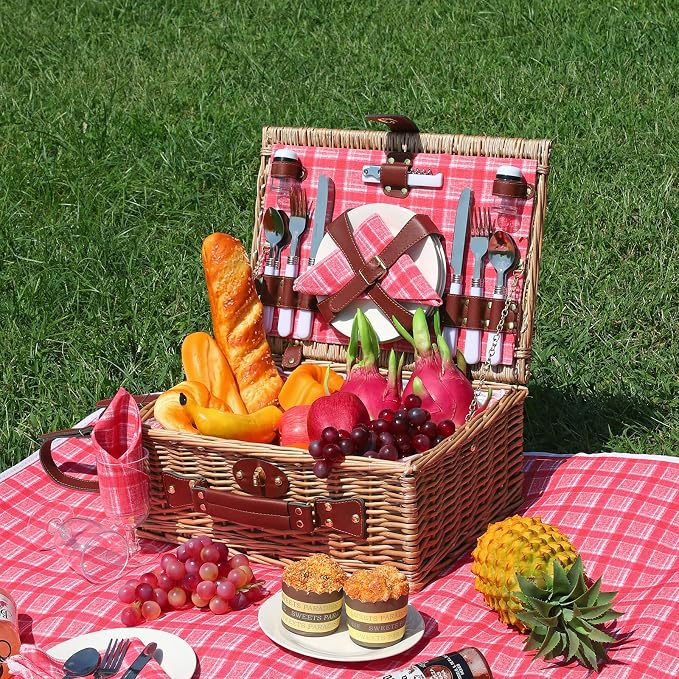 Picnic Baskets Wicker Willow Picnic Set for 4 Persons with Insulated Cooler Bag and Waterproof Pink Plaid Picnic Blanket Gift for Christmas Thanksgiving Wedding Birthday Camp Outdoor Beach Travel - Image 2